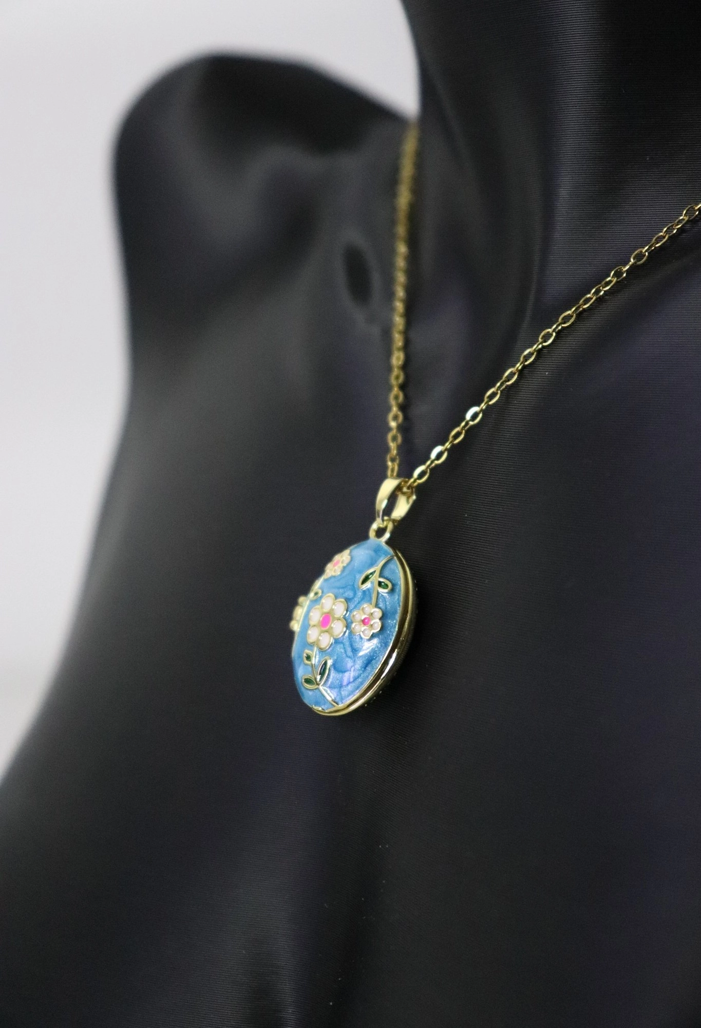 Mavi, Çiçekli Açılabilir Resimlikli Madalyon Çelik Kolye