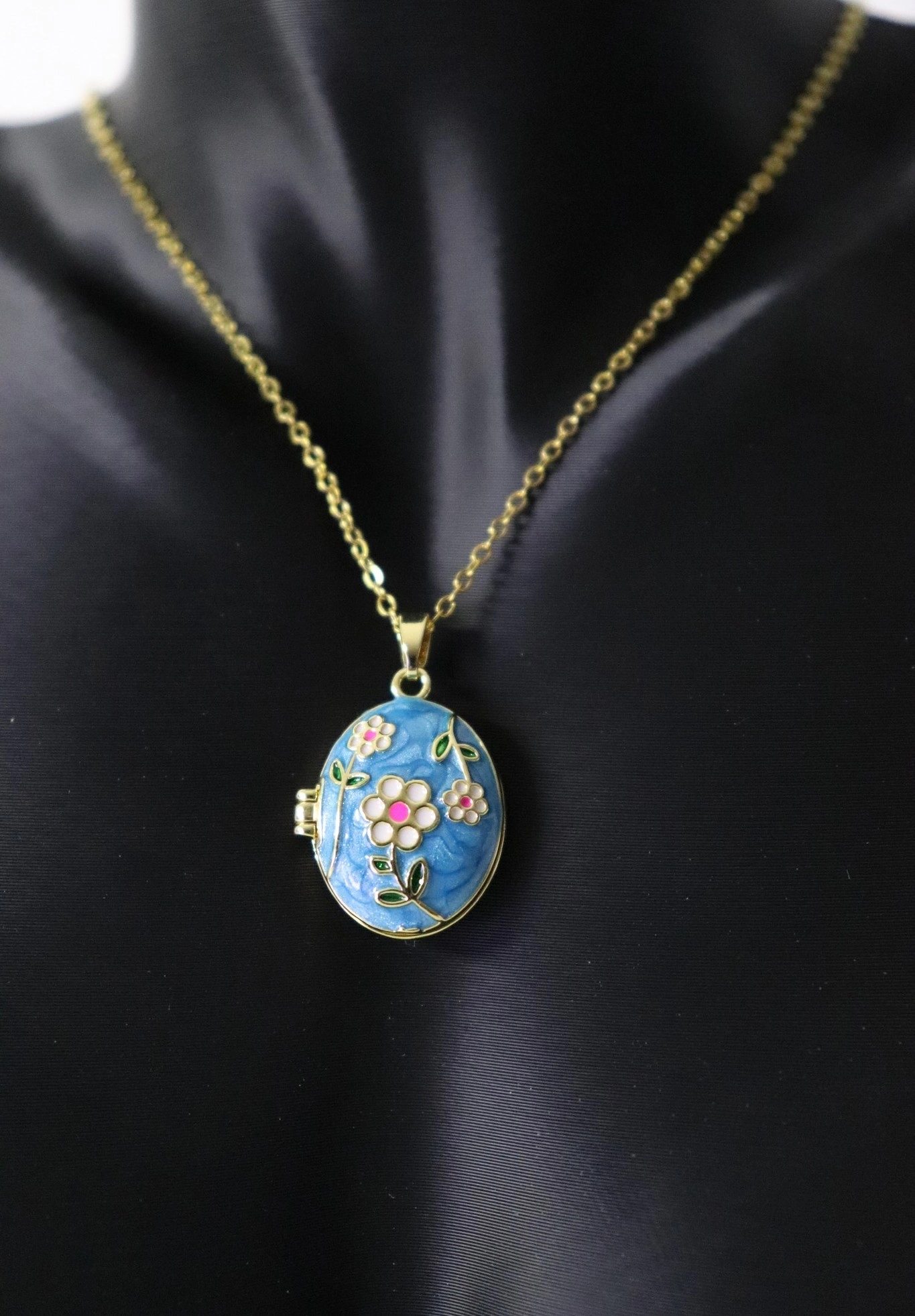 Mavi, Çiçekli Açılabilir Resimlikli Madalyon Çelik Kolye