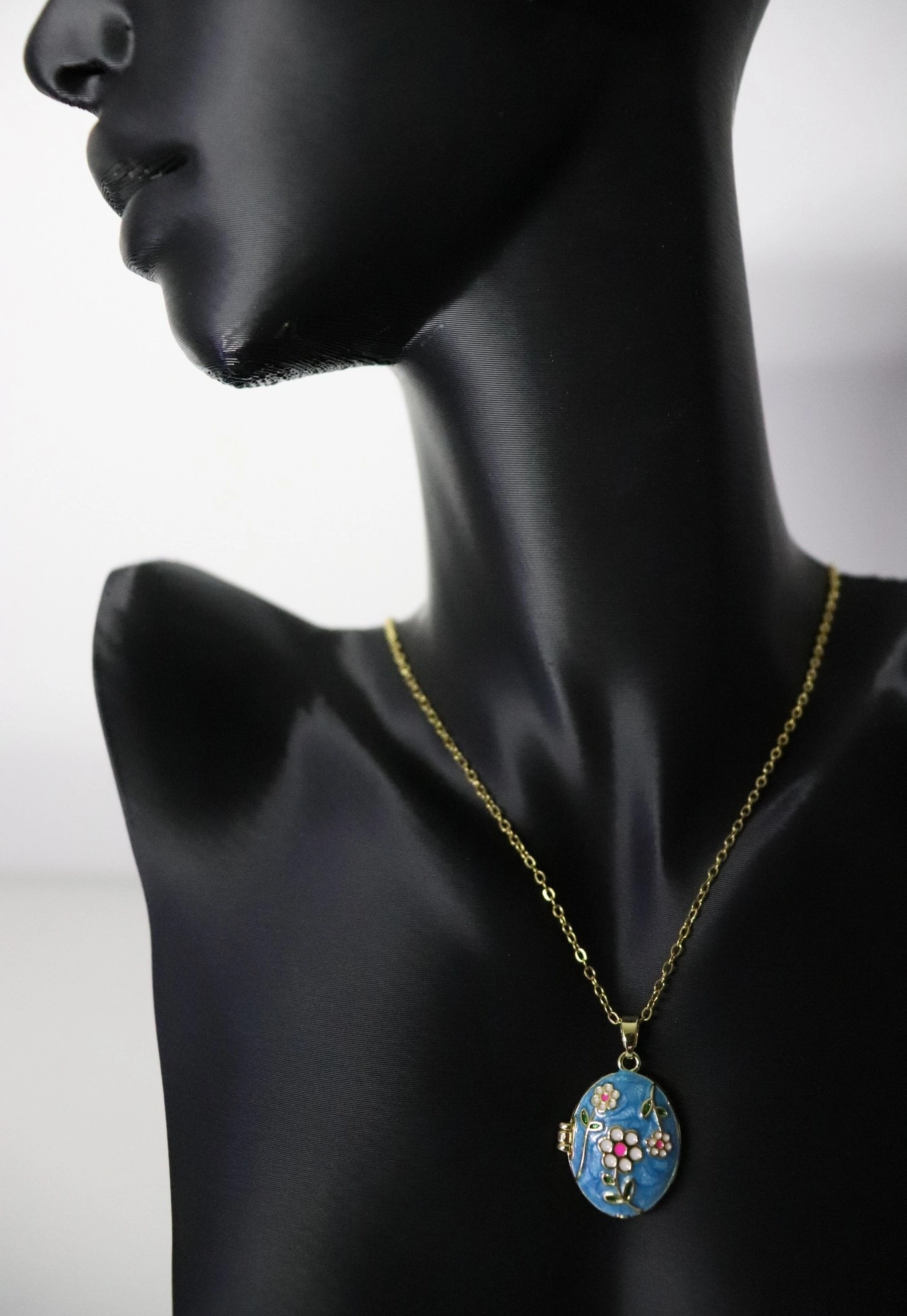 Mavi, Çiçekli Açılabilir Resimlikli Madalyon Çelik Kolye