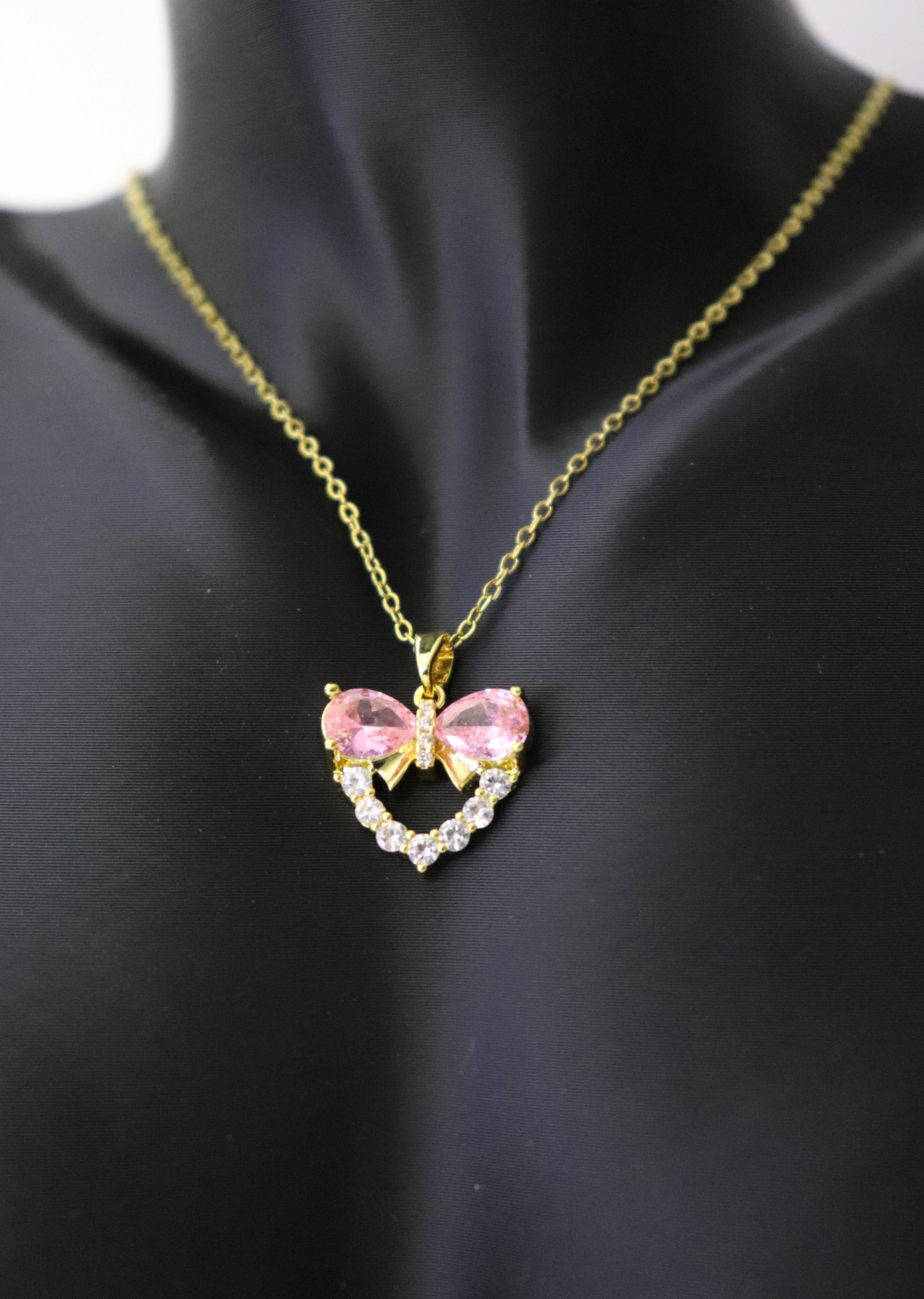 Pembe Kristal Damla Taş Tasarım Gold Fiyonk Çelik Kolye