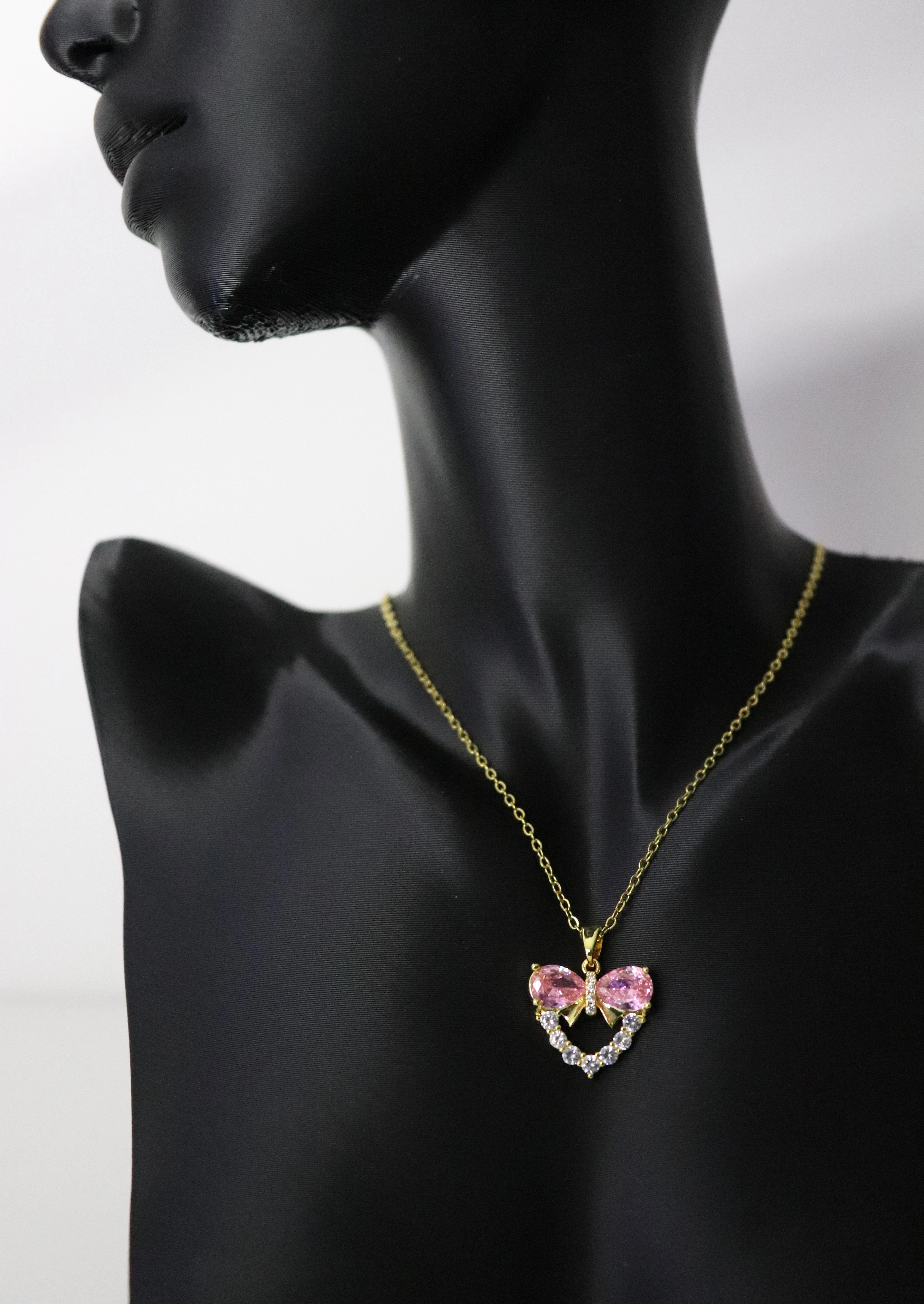 Pembe Kristal Damla Taş Tasarım Gold Fiyonk Çelik Kolye