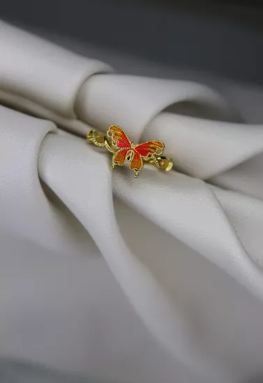 Altın Kaplama Kırmızı Turuncu Kelebek Yüzük