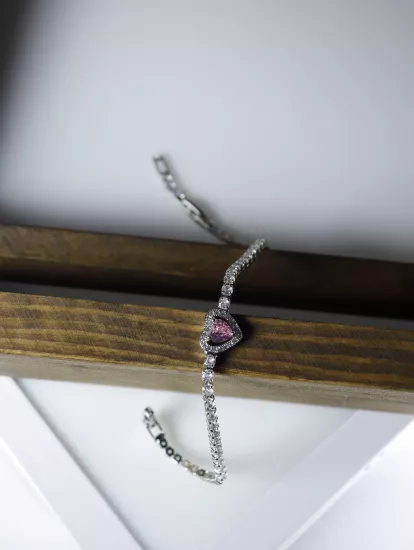 Pembe Kalp Taşlı Çelik Bileklik | Amoria