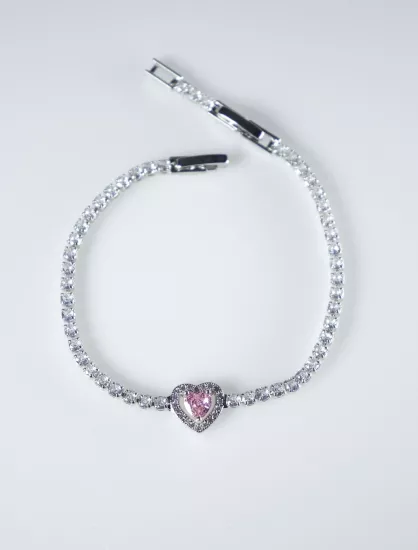 Pembe Kalp Taşlı Çelik Bileklik | Amoria