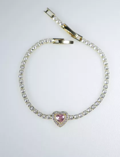 Altın Görünümlü Tennis Bileklik – Pembe Kalp Taşlı