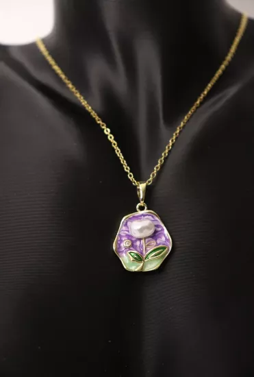 Gold Zincir İncili Çiçek Tasarım Madalyon Çelik Kolye