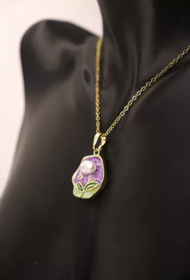 Gold Zincir İncili Çiçek Tasarım Madalyon Çelik Kolye