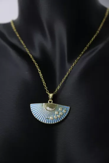 Mavi Renk Çelik Zincirli Mineli Yelpaze Kolye