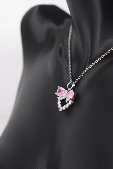 Pembe Kristal Damla Taş Tasarım Fiyonk Çelik Kolye