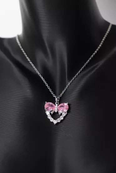 Pembe Kristal Damla Taş Tasarım Fiyonk Çelik Kolye