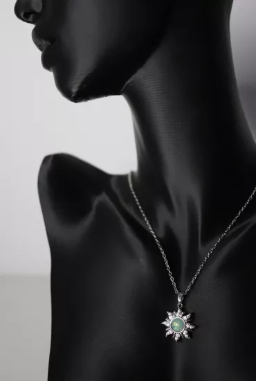 Silver Zincir Opal Taşlı Güneş Çelik Kolye