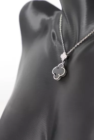 Çift Yonca Gümüş Sİyah ve Zirkon Çelik Kolye