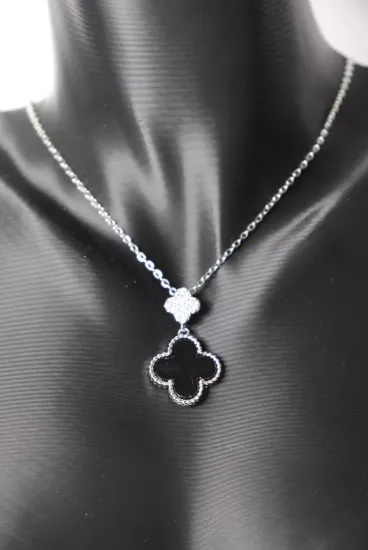 Çift Yonca Gümüş Sİyah ve Zirkon Çelik Kolye