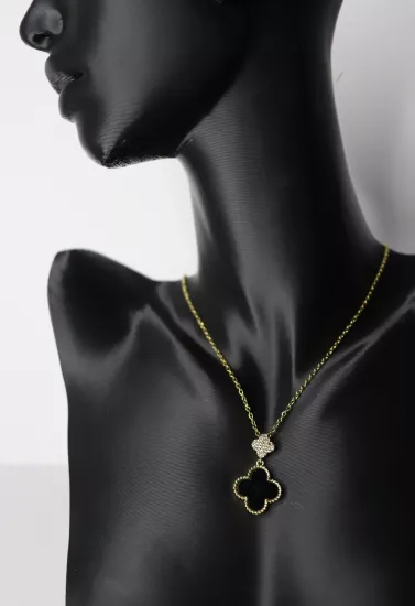 Çift Yonca Altın Sİyah ve Zirkon Çelik Kolye