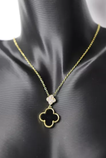 Çift Yonca Altın Sİyah ve Zirkon Çelik Kolye