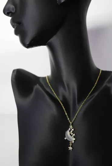Ay Model Zirkon Taşlı Çelik Kolye
