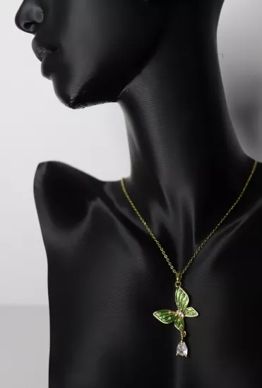 Yeşil Kelebek Taşlı Altın Çelik Kolye