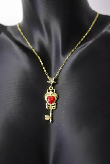 Anahtar Görünümlü Kalp Taşlı Çelik Kolye