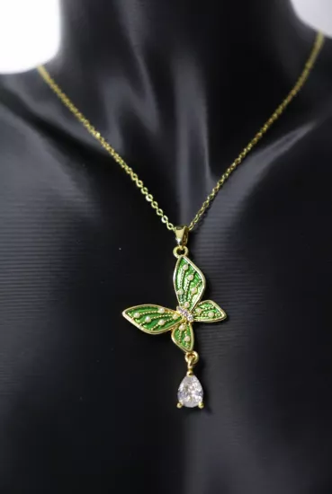 Yeşil Kelebek Taşlı Altın Çelik Kolye