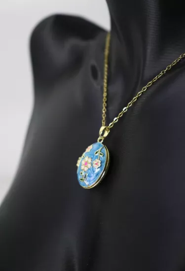 Mavi, Çiçekli Açılabilir Resimlikli Madalyon Çelik Kolye