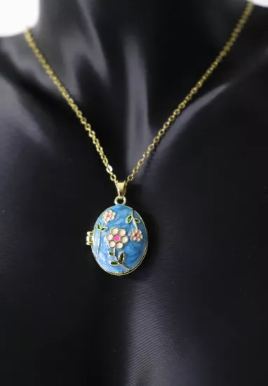 Mavi, Çiçekli Açılabilir Resimlikli Madalyon Çelik Kolye