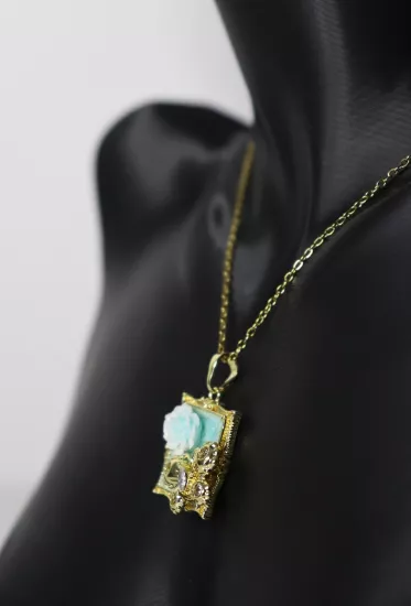 Gold Zincir Zirkon Taşlı Gül Tablo Tasarım Çelik Kolye