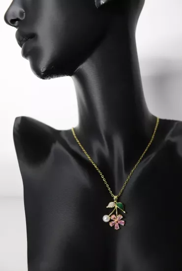 Pembe Zirkon Taşlı Çiçek Figürlü İnci Tomurcuklu Çelik Kolye