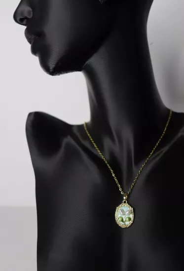 Gold Zincir İncili Çiçek Tasarım Madalyon Çelik Kolye