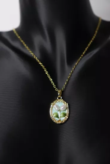 Gold Zincir İncili Çiçek Tasarım Madalyon Çelik Kolye