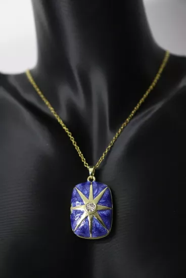 Lacivert, Yıldızlı Dikdörtgen Açılabilir Resimlikli Madalyon Çelik Kolye