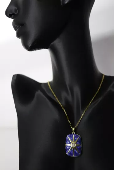 Lacivert, Yıldızlı Dikdörtgen Açılabilir Resimlikli Madalyon Çelik Kolye