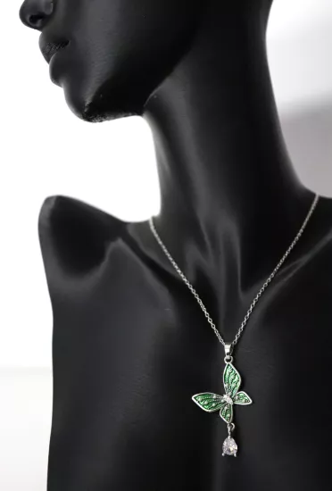 Yeşil Kelebek Taşlı Gümüş Çelik Kolye