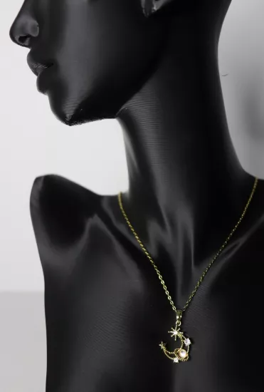 Gold Zincir Taşlı Ay Çelik Kolye