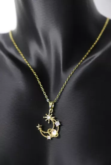 Gold Zincir Taşlı Ay Çelik Kolye