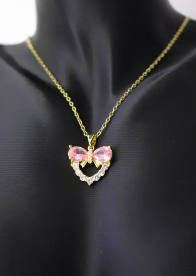 Pembe Kristal Damla Taş Tasarım Gold Fiyonk Çelik Kolye