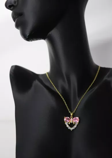 Pembe Kristal Damla Taş Tasarım Gold Fiyonk Çelik Kolye