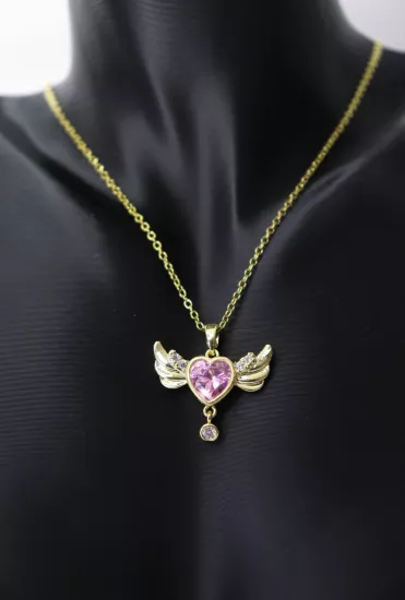 Melek Kanatlı Çelik Hareketli Pembe Taşlı Kolye