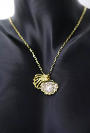 İci İncili Zirkon İstiridye Celik Kolye